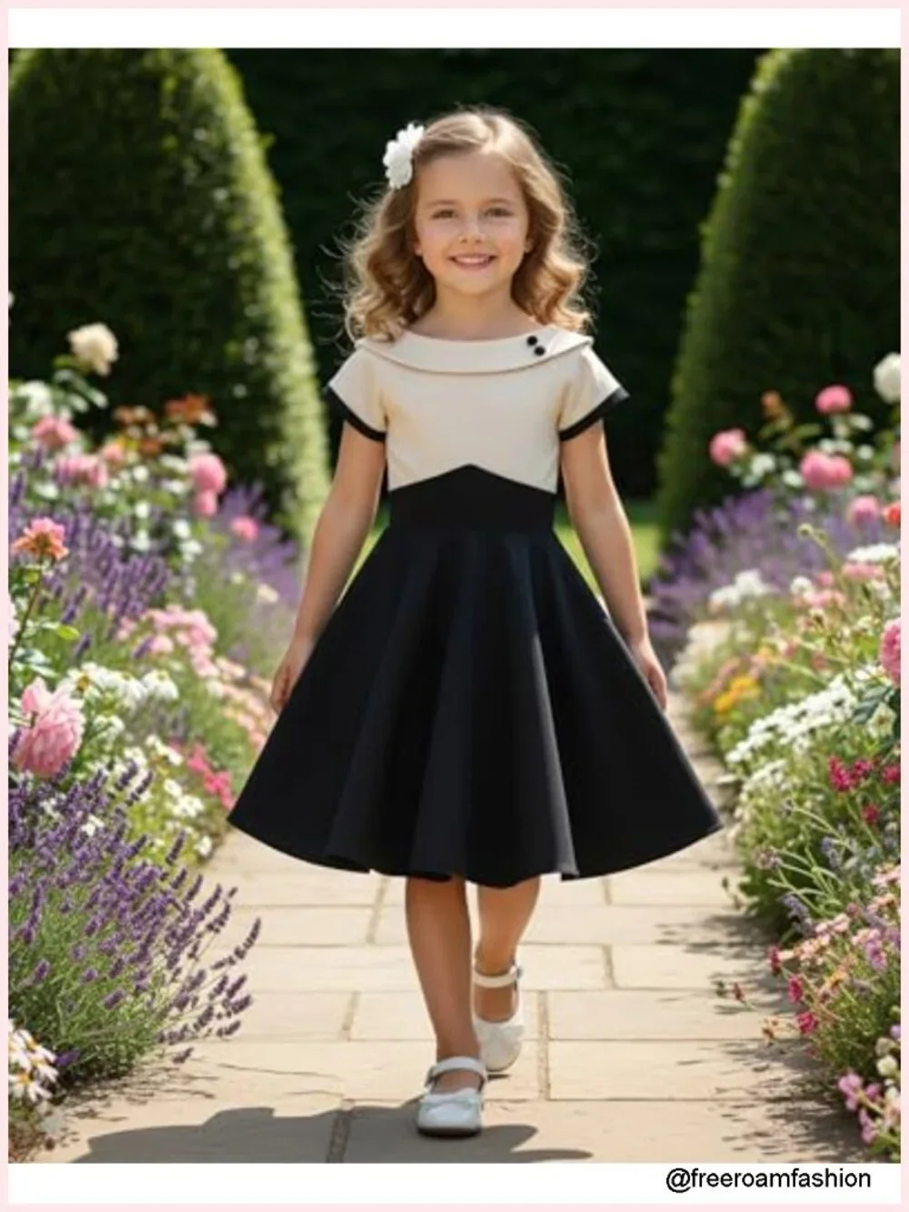 Full Circle Flared Skirt Vintage 50's Girls Dress with Decorative Buttons